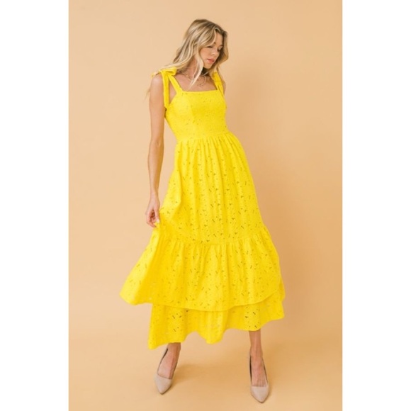Flying Tomato Sunny Yellow Floral Eyelet Double Ruffle Maxi Dress - Picture 13 of 13
